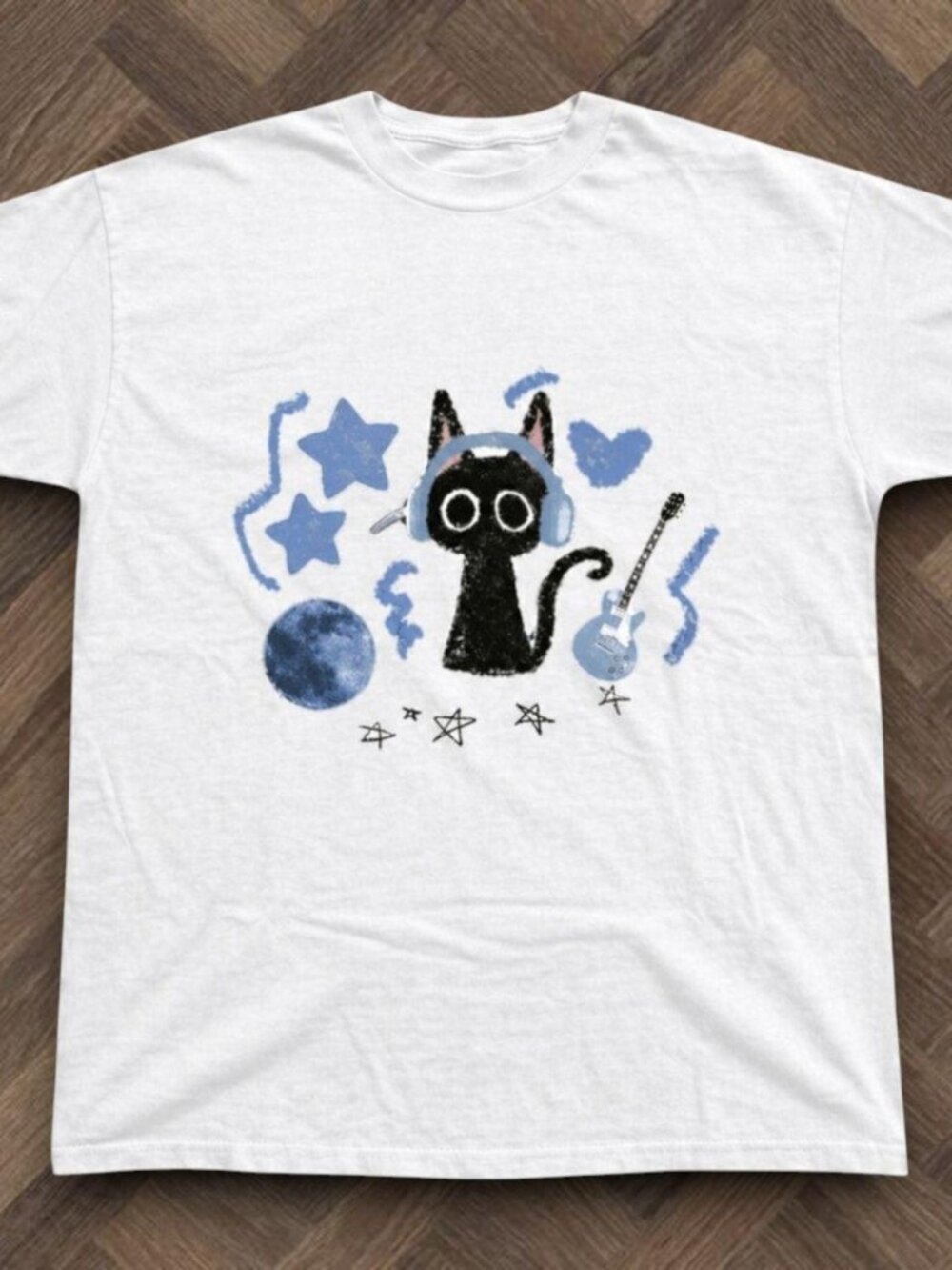 Vintage Indie Rock Cat T-Shirt - Retro White Graphic Tee - Music Lover Aesthetic